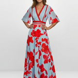 Corinne | Vestido Maxi Floral com Decote em V e Manga Curta