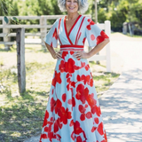 Corinne | Vestido Maxi Floral com Decote em V e Manga Curta