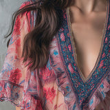 Blusa Boho Romântica de Decote em V com Folhos e Estampado Floral Semitransparente