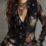 Blusa de Chiffon Estampada de Estilo Vintage com Folhos
