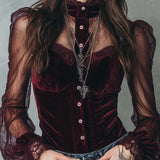 Blusa Retro em Veludo de Poliéster com Mangas Transparentes