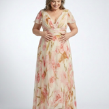 Elara | Vestido Longo Floral com Decote em V e Manga Curta