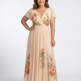 Calista | Vestido Maxi Floral Plissado com Decote em V e Manga Curta
