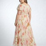 Elara | Vestido Longo Floral com Decote em V e Manga Curta
