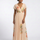 Calista | Vestido Maxi Floral Plissado com Decote em V e Manga Curta