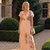 Calista | Vestido Maxi Floral Plissado com Decote em V e Manga Curta
