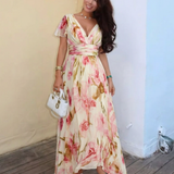 Elara | Vestido Longo Floral com Decote em V e Manga Curta