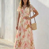 Elara | Vestido Longo Floral com Decote em V e Manga Curta