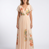 Calista | Vestido Maxi Floral Plissado com Decote em V e Manga Curta
