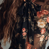 Blusa Vintage Preta de Chiffon Transparente Floral com Laço no Decote