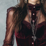 Blusa Retro em Veludo de Poliéster com Mangas Transparentes