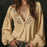 Camisa de Algodão Casual Amarela com Bordado Floral