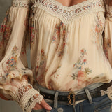 Blusa Boho Vintage Creme Floral em Renda com Ombros à Mostra