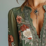 Blusa Boho de Renda com Estampado Floral