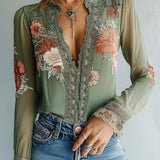 Blusa Boho de Renda com Estampado Floral