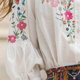 Camisa de Manga Comprida em Algodão e Linho com Bordado Floral