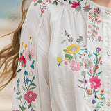 Camisa de Manga Comprida em Algodão e Linho com Bordado Floral