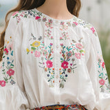 Camisa de Manga Comprida em Algodão e Linho com Bordado Floral