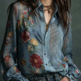 Blusa Boho Vintage Transparente com Botões e Estampado Floral
