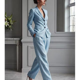 Victoria Conjunto de Fato Elegante com Blazer Justo e Calças Largas