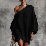 Olivia Vestido Mini de Renda com Ombros à Mostra e Mangas Bufantes